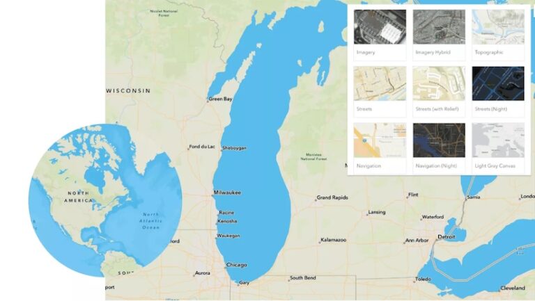 Screenshot of a map of Lake Michigan with nine basemap options overlaid in the top-right corner.