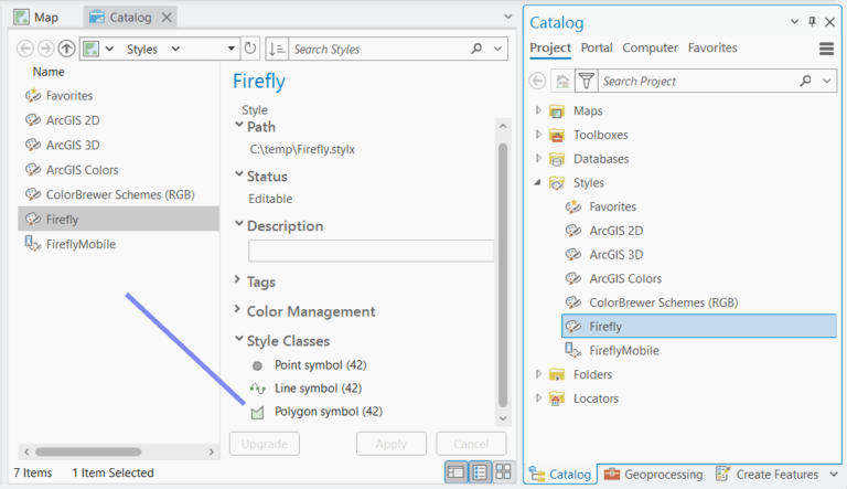 Screenshot of ArcGIS Pro interface with multiple panels displaying the workflow of applying a style.