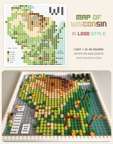 A square digital map of Wisconsin made up of green and brown dots, labeled Map of Wisconsin in LEGO Style. Below the digital map is a picture of the corresponding physical LEGO map.