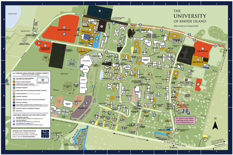A simple map of the campus of University of Rhode Island meant for navigation. The map is largely green and colored by various landmarks, including white buildings.