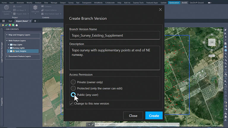 Screenshot of a mapping interface with a pop-up labeled Create Branch Version.