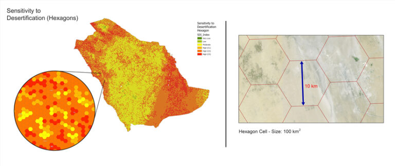 Map of Saudi Arabia separated into hexagons that are colored varying shades of orange and red, indicating sensitivity to desertification. A graphic show the size of each hexagon (10km).