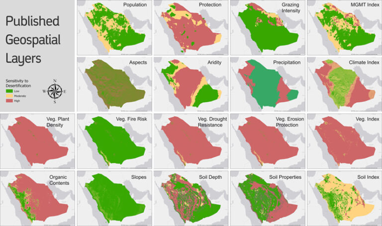 Several maps of Saudi Arabia in many different colors labeled Published Geospatial Layers.