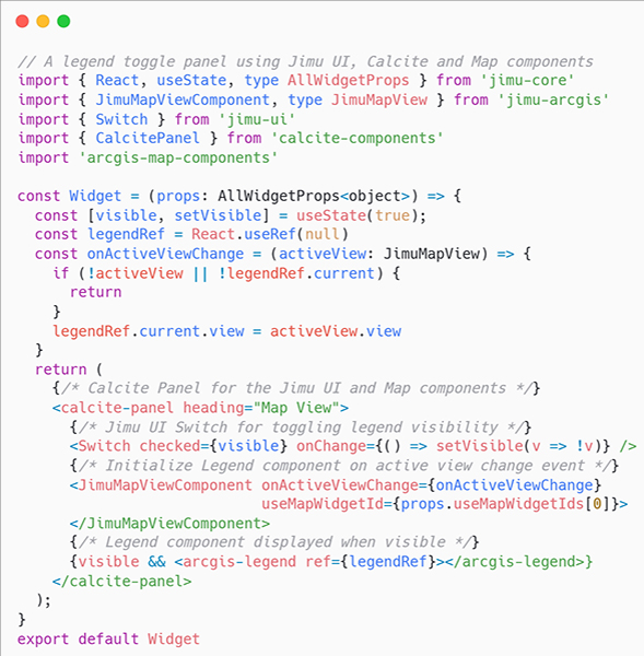 Screenshot of a snippet of JavaScript code to be used within ArcGIS Experience Builder.