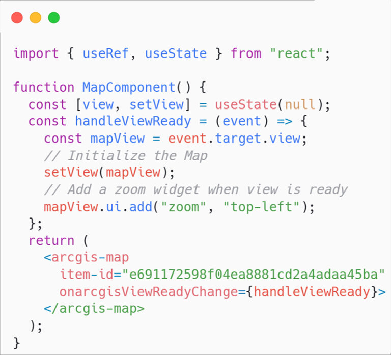 Screenshot of a snippet of JavaScript code to be used within ArcGIS Experience Builder.