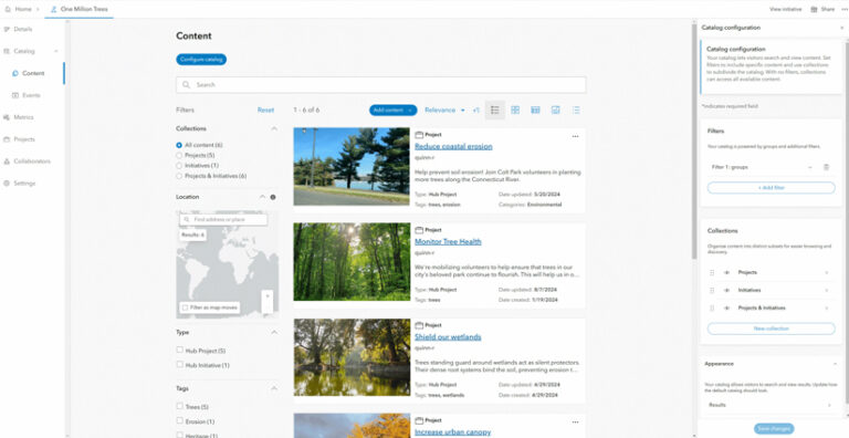 Screenshot of the content library within ArcGIS Hub in classic edit mode. Content is organized in descending items with a search box at the top of the screen.