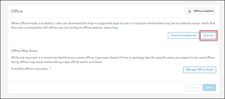 Screenshot of an ArcGIS dialog box labeled Offline. Under the label, the Options button is highlighted in a red box.