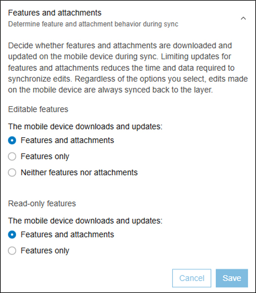 Screenshot of an ArcGIS dialog box labeled Features and attachments. Under the Editable features label, the Features and attachments option is checked. Under the Read-only features label, the Features and attachments option is checked.