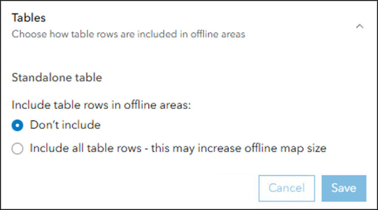 Screenshot of an ArcGIS dialog box labeled Tables. Under the Standalone tables label, the Don’t include option is checked.
