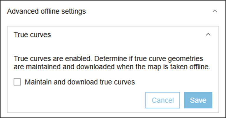 Screenshot of an ArcGIS dialog box labeled Advanced offline settings. Under the True curves label, no option is selected.