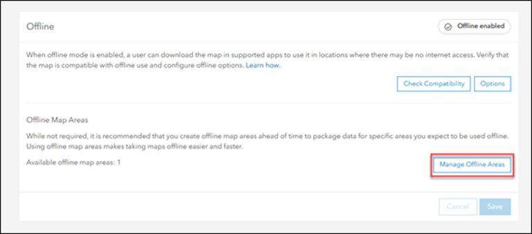 Screenshot of an ArcGIS dialog box labeled Offline. Under the Offline Map Areas label, the Manage Offline Areas button is highlighted in a red box.