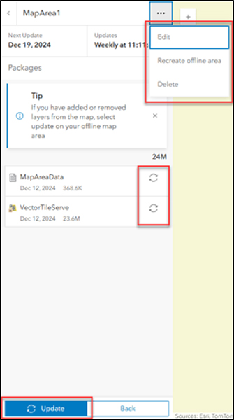 Screenshot of an ArcGIS dialog box labeled MapArea1. The three dots beside the label are selected, revealing a drop-down menu highlighted in a red box. Two other red boxes highlight update options.