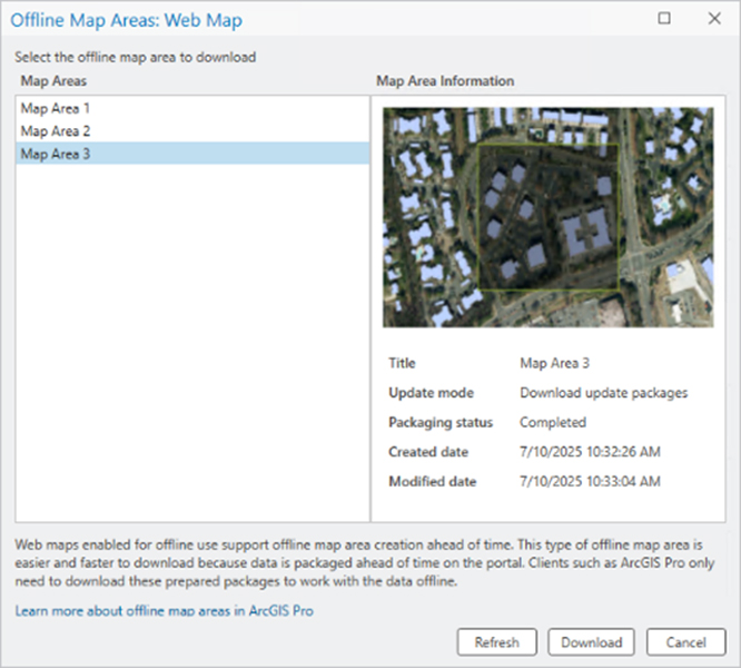 Screenshot of an ArcGIS dialog box labeled Offline Map Area: Web Map. Under the label, various map areas are available for selection, with a preview of the map on the right side.