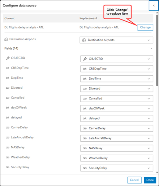 Screenshot of a panel within ArcGIS Online labeled Configure data source. A label within the graphic points to a button labeled Change, reading, “Click ‘change’ to replace item.”
