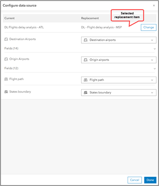 Screenshot of a panel within ArcGIS Online labeled Configure data source. A label within the graphic points to the selected replacement, reading, “Selected replacement item.”