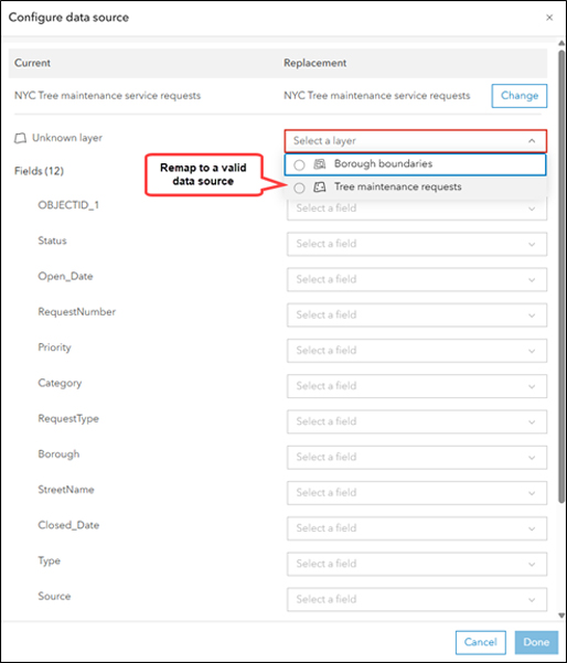 Screenshot of a panel within ArcGIS Online labeled Configure data source. A label within the graphic points toa drop-down menu beside the Unknown layer label. A label within the graphic reads, “Remap to a valid data source.”