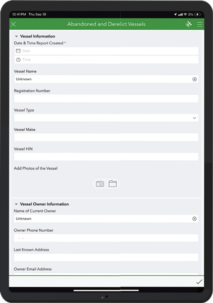 A screenshot of a smartphone interface with a survey titled “Abandoned and Derelict Vessels”.