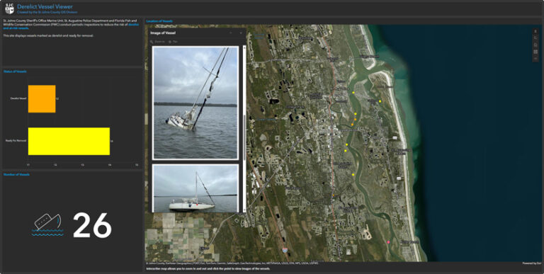 Screenshot of a dashboard interface title “Derelict Vessel Viewer”. The viewer displays the map of a coastline, the number of derelict vessels indicating by an icon in the lower left, and photos of the vessel as pop-ups over the map.