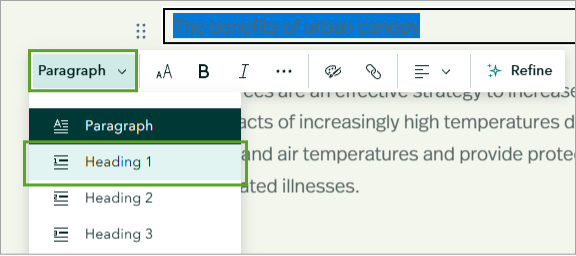 A paragraph and heading selection from ArcGIS StoryMaps
