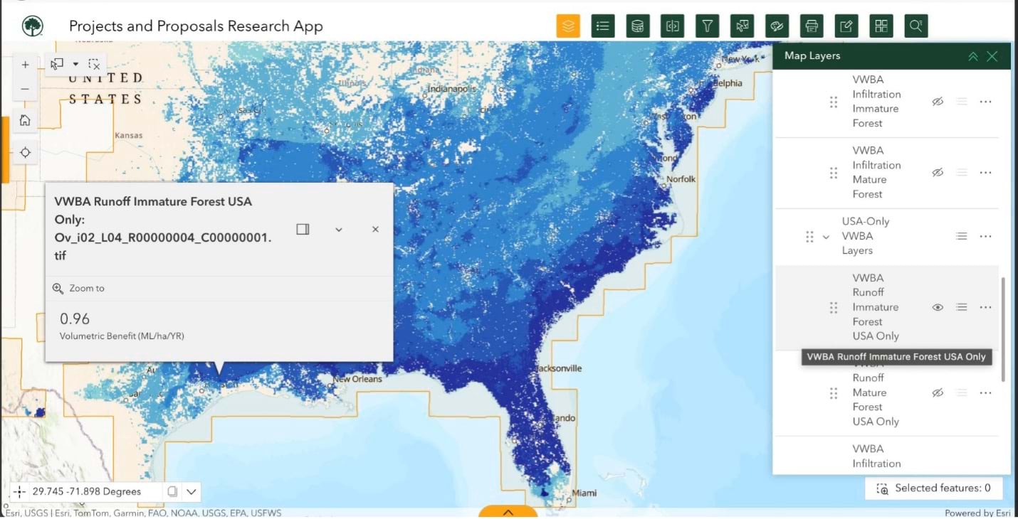 ADF Projects and Proposals Research App displaying VWBA map layers over the southeastern United States with a data popup.