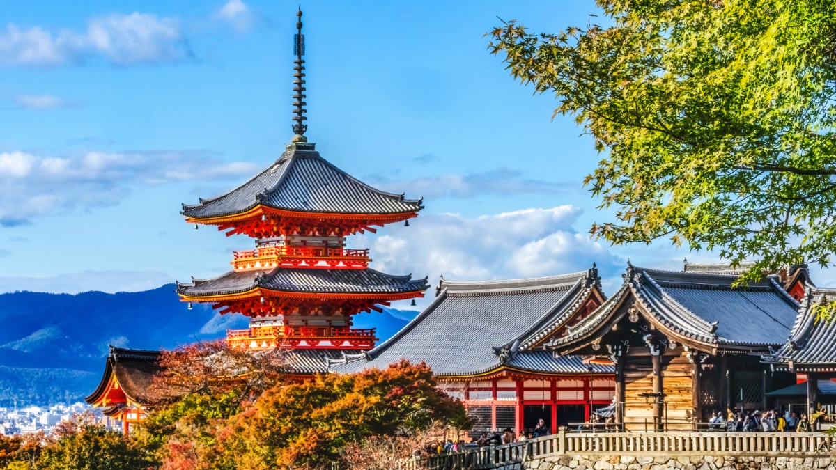 UNESCO Sites Navigator satellite view of Kiyomizu-dera Temple in Kyoto, with search panel and layer filter controls visible.