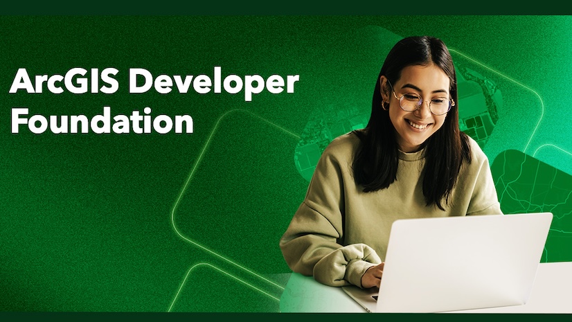 A smiling young woman typing on a laptop set against an abstract green background