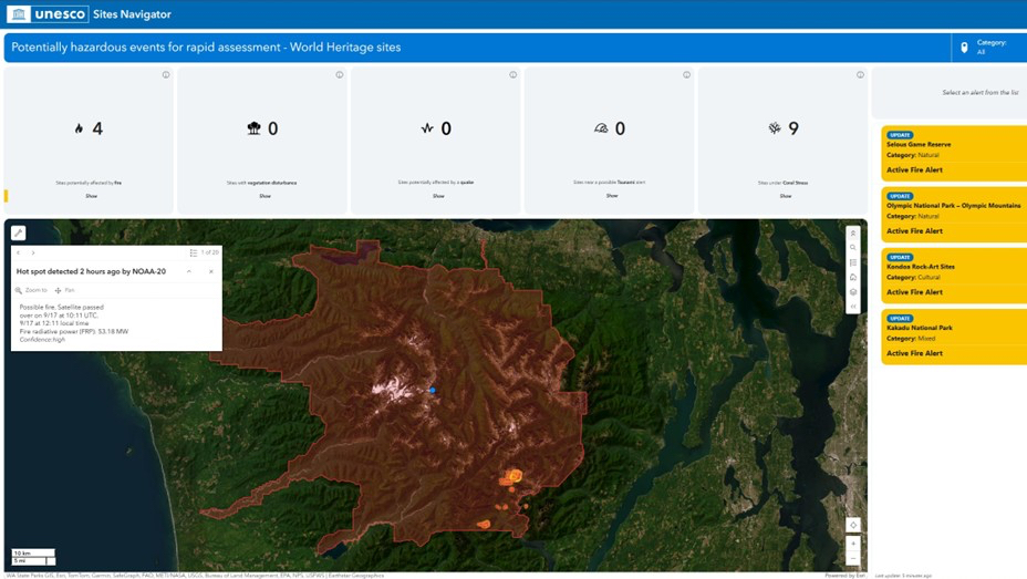 The Alerts dashboard shows a fire alert for Olympic National Park in the USA, with a pop-up indicating a hotspot detected by NOAA-20 at 53.18 MW.