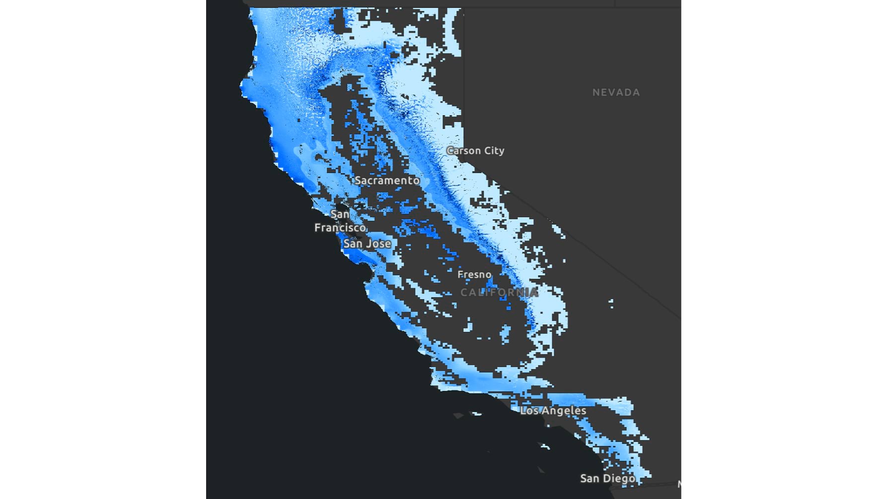 Blue gradient map of California showing forest-water benefit variability across coastal ranges, Sierra Nevada, and Central Valley.