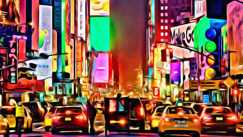 Times Square visits are suggested by a watercolor of the tourist destination