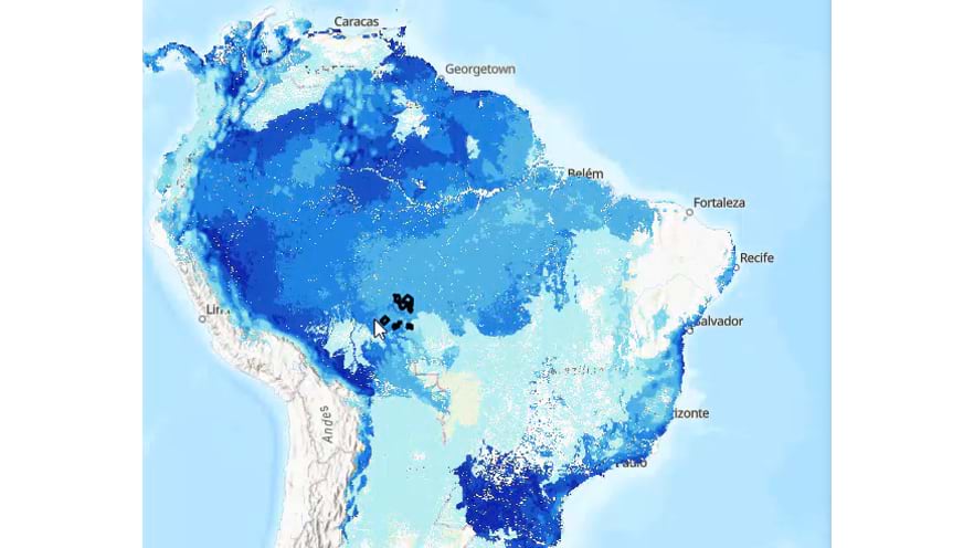Blue-toned map of South America showing runoff benefit variability, with deep intensity across the Amazon and project sites in western Brazil.