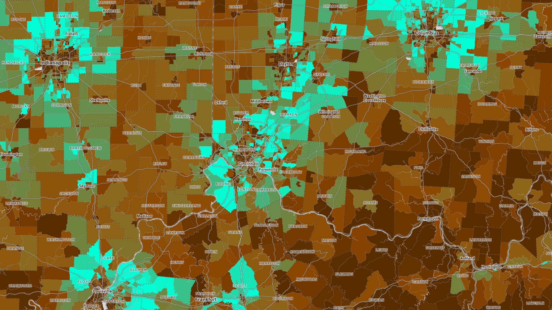 Median household income around Cincinnati, OH