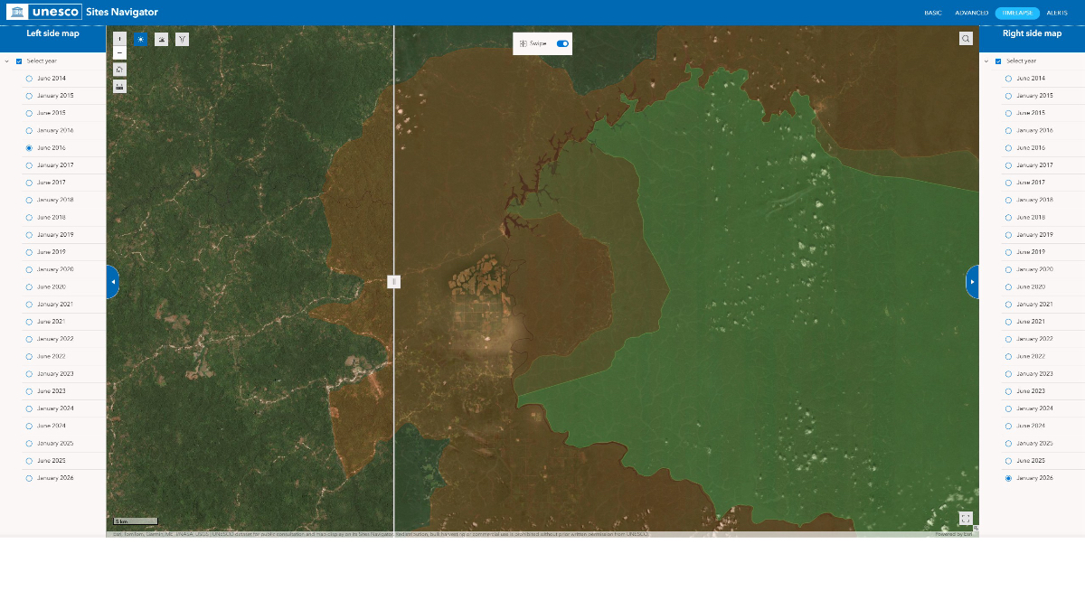 The timelapse swipe shows Dja Biosphere Reserve in Cameroon, with June 2016 forest on the left and significantly cleared land in January 2026 on the right.