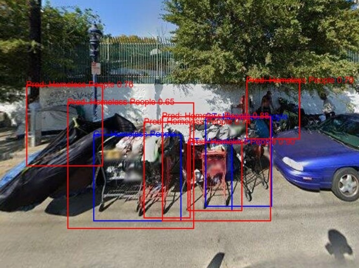 Tents in a homeless encampment with red and blue overlayed squares