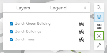 A popup box with layers selected and the sun icon highlighted on the right