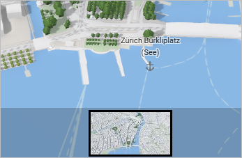 A 3D image of an area of Zurich with trees, buildings, and water