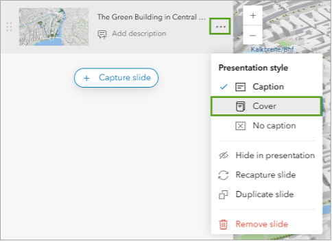 A presentation style window open with the cover option selected in green