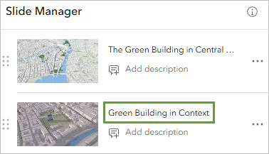 A slide manager popup box with the words green building in context in a green rectangle