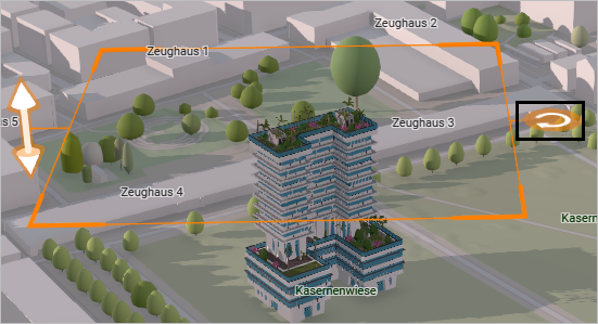 A 3D building in Zurich with an orange square around it representing a horizontal plane