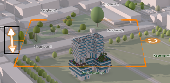 A 3D building in Zurich with an orange square around it and orange arrows to the right and left