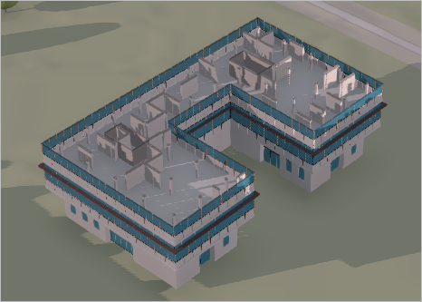 A 3D building with an interior view