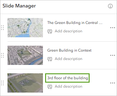 A slide manager popup box with the words 3rd floor of the building in a green rectangle