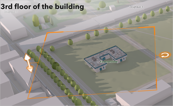 A 3D image of a building surrounded by grass and trees with an orange square overlaid