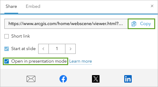 A share popup box with a URL the top