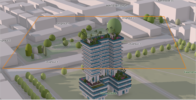 A 3D building image with a horizontal plane drawn with an orange square