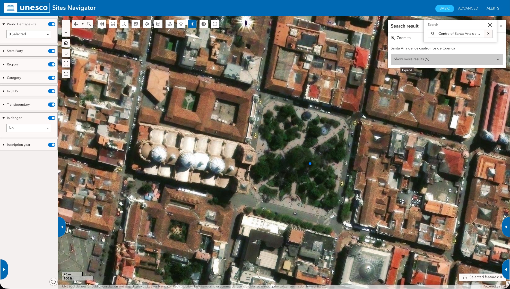 UNESCO Sites Navigator satellite view of the historic centre of Cuenca, Ecuador, with search result panel identifying the World Heritage site.