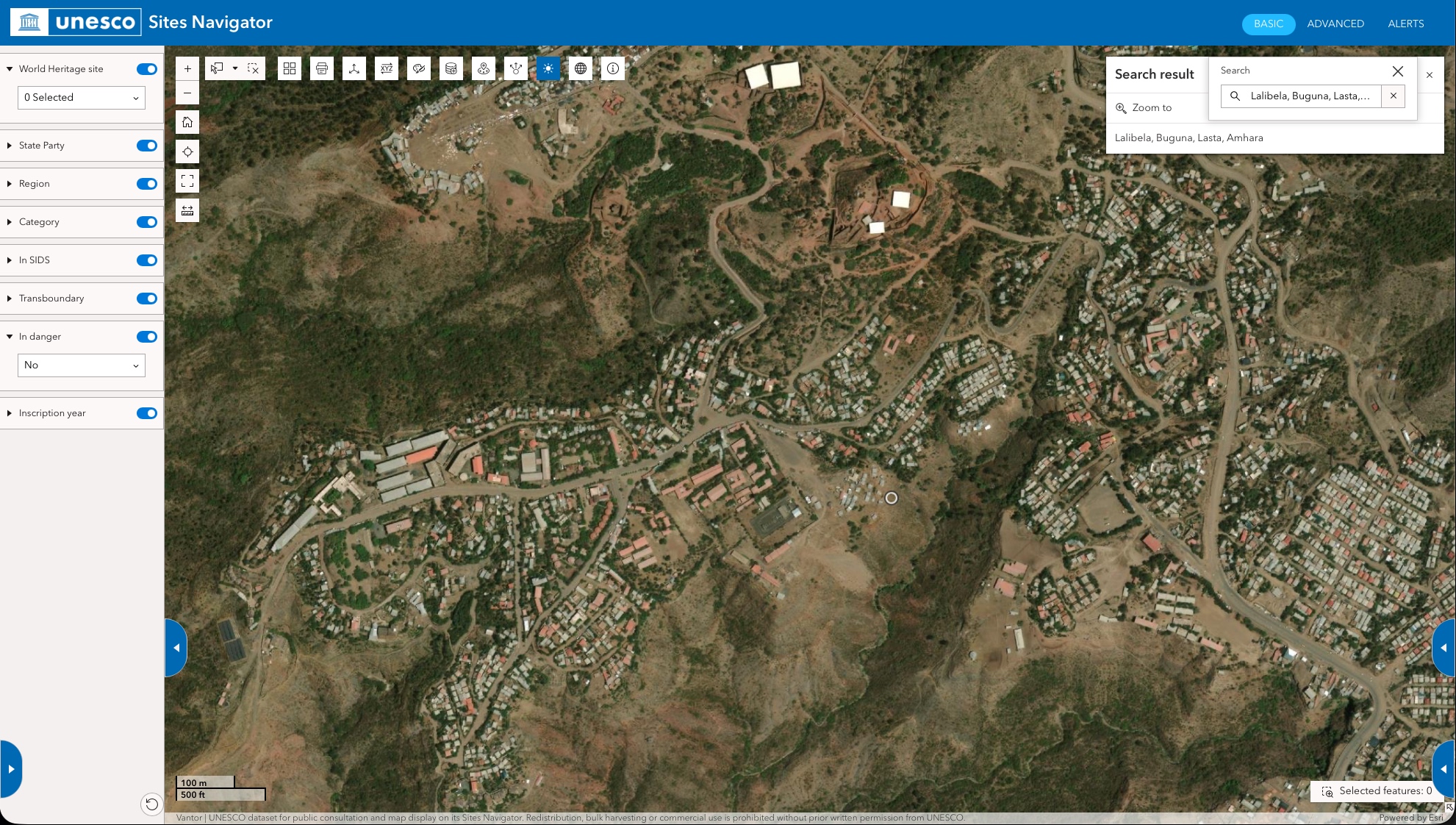 UNESCO Sites Navigator satellite view of Lalibela, Ethiopia, with search panel identifying the World Heritage site in the Amhara region.