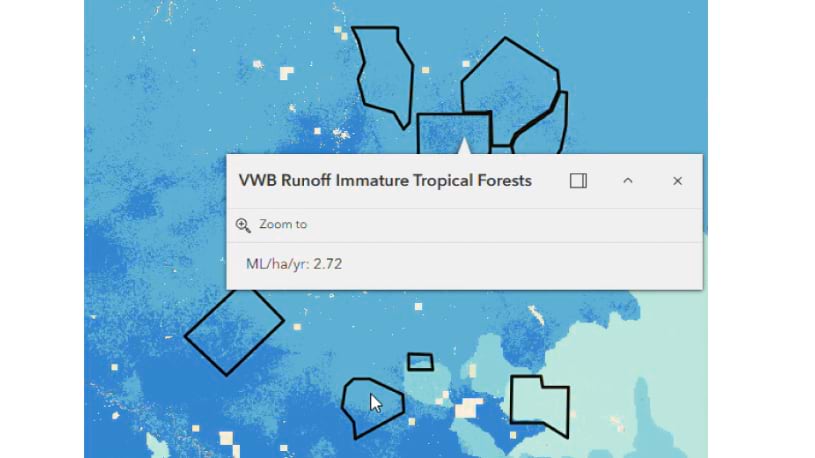 Close-up map of a western Brazil project site showing a volumetric water benefit of 2.72 ML/ha/yr for immature tropical forests.
