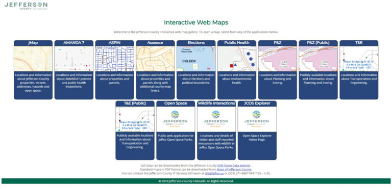 A screenshot of the Jefferson County, Colorado, interactive web map gallery, showing a grid of 13 mapping apps. Each app is labeled with a title.