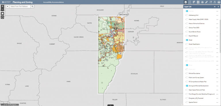 A screenshot of a Colorado county’s online zoning map. The county is divided into multi-colored polygons for different zoning types, with outlines of neighboring counties visible. A Layer List panel on the right shows selectable data layers, with "Zoning and Planned Development" highlighted.