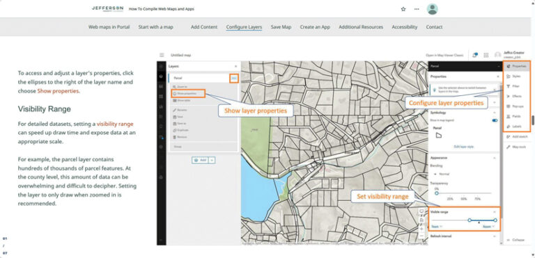 A screenshot of a map-making app showing how to set a layer’s visibility range, with callouts on the “Show properties” menu, “Properties” panel, and “Visible range” slider.